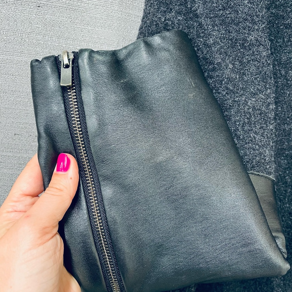 SOLD Eileen Fisher High Neck Black Leather Sleeve Dark Grey Wool Jacket Size XL - Picture 3 of 11